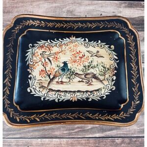 Vintage Chinoiserie ceramic  Hand Painted Pheasant Bird Black Gold Metal